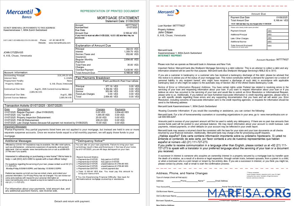 Downloadable Venezuela Mercantil bank mortgage statement in Word and PDF formats, 3 pages 1 2 real example